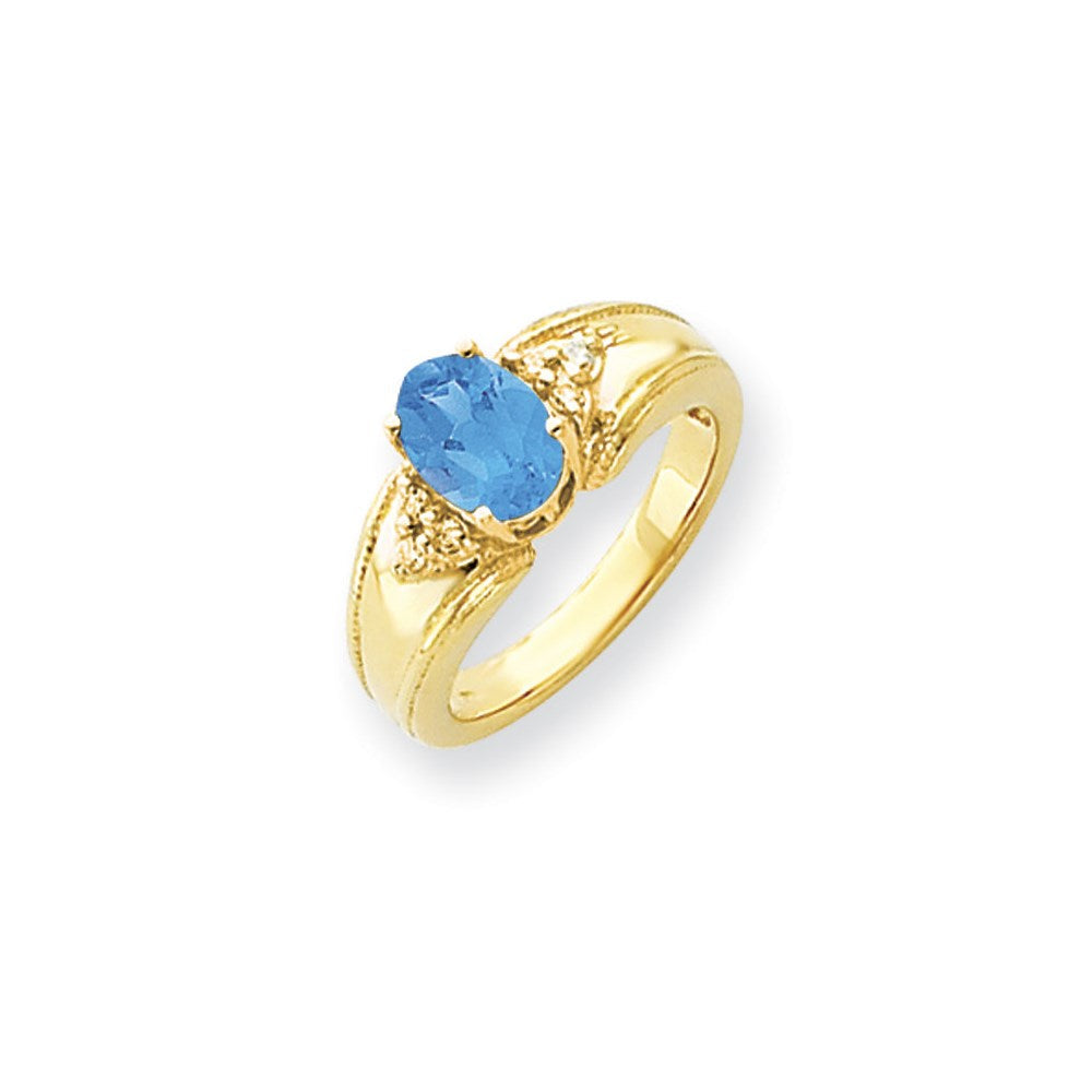 14K Gelbgold 8x6mm Oval Blautopas Karo A Diamant Ring