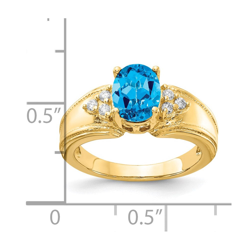14K Gelbgold 8x6mm Oval Blautopas A Echt Diamant Ring