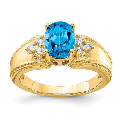 14K Gelbgold 8x6mm Oval Blautopas Aa Diamant Ring