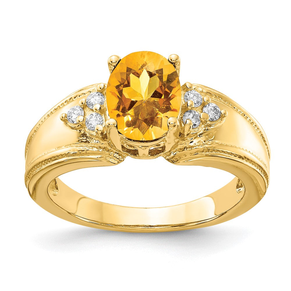 14K Gelbgold 8x6mm Oval Citrin A Echt Diamant Ring