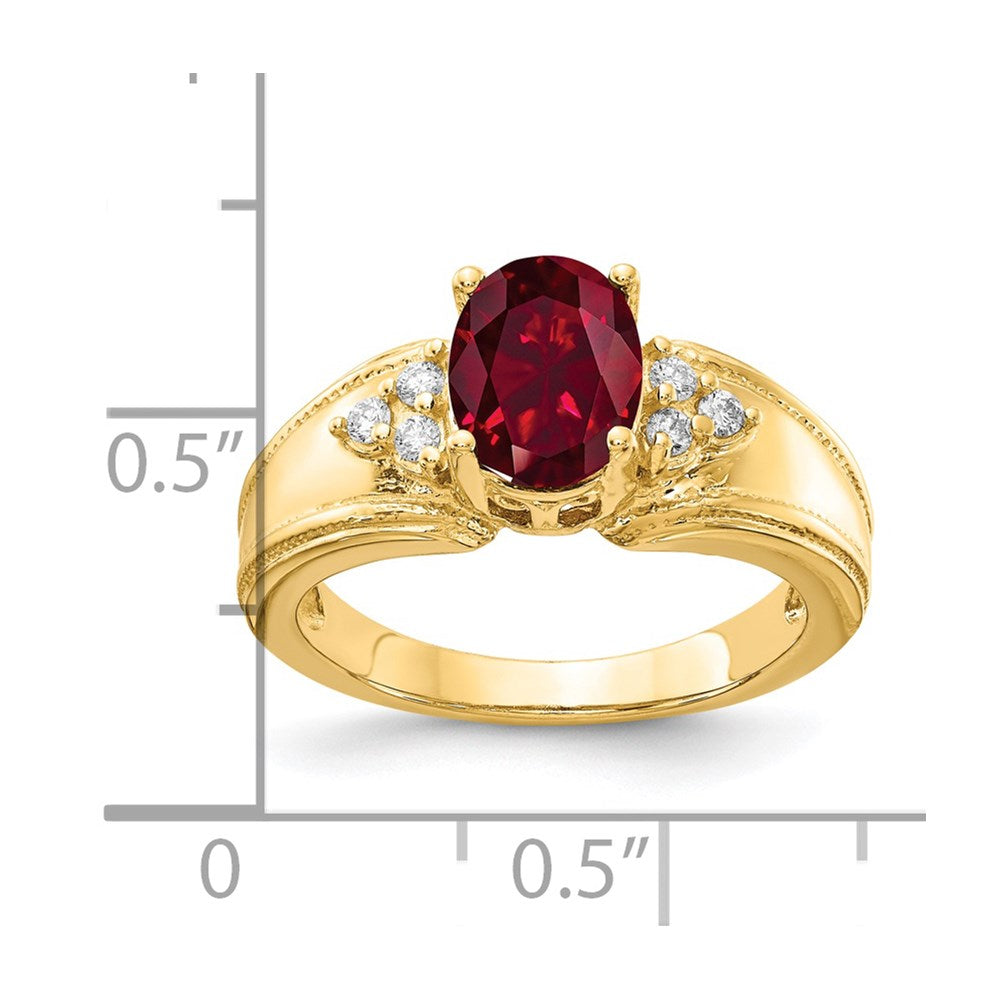 14K Gelbgold 8x6mm Oval Erzeugt Rubin Vs Diamant Ring