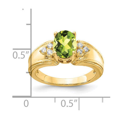 14K Gelbgold 8x6mm Oval Peridot A Echt Diamant Ring