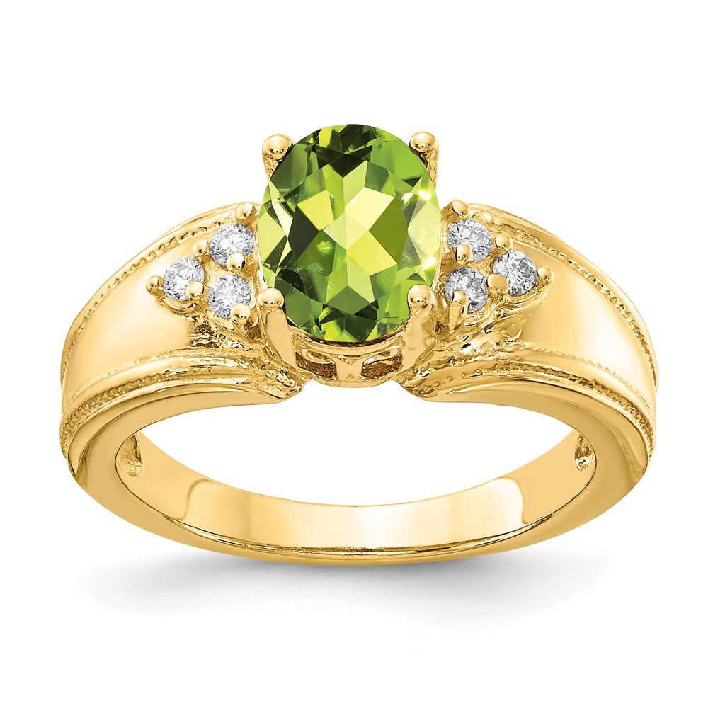 14K Gelbgold 8x6mm Oval Peridot A Echt Diamant Ring