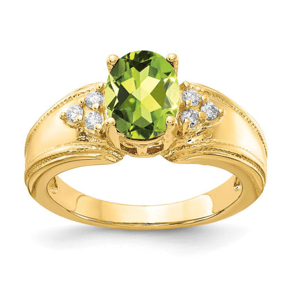 14K Gelbgold 8x6mm Oval Peridot A Echt Diamant Ring