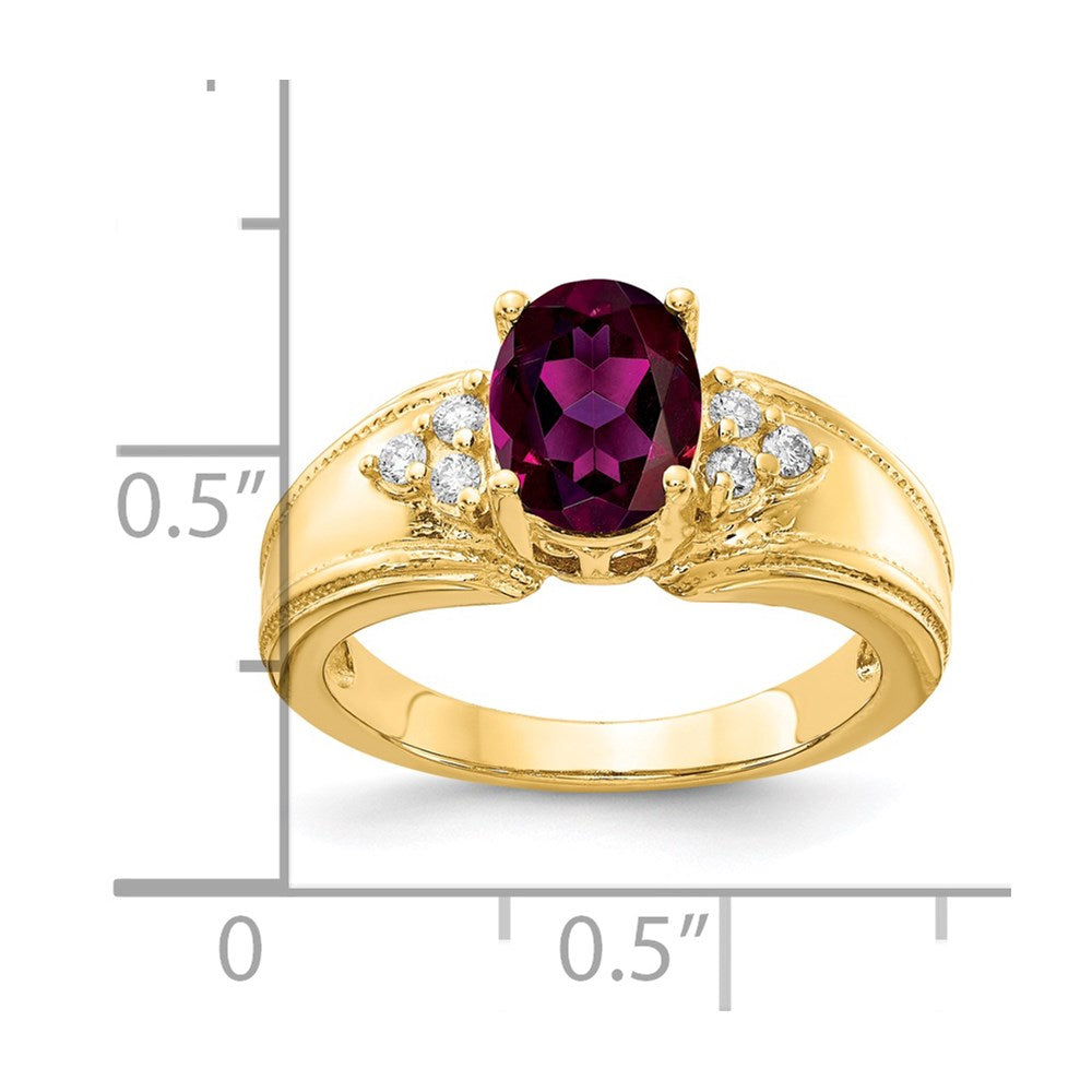 14K Gelbgold 8x6mm Oval Rhodolith Granat A Diamant Ring