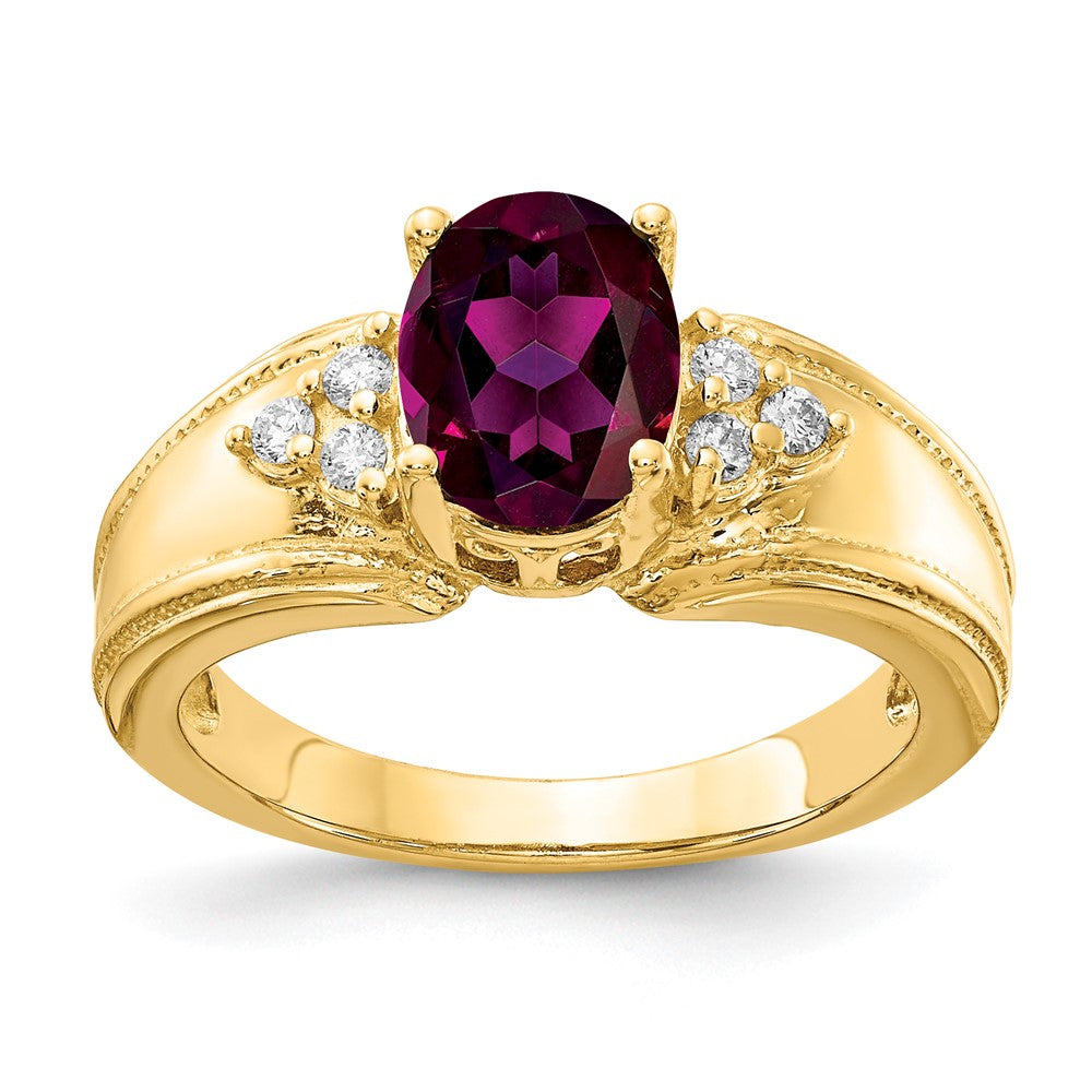 14K Gelbgold 8x6mm Oval Rhodolith Granat Vs Diamant Ring