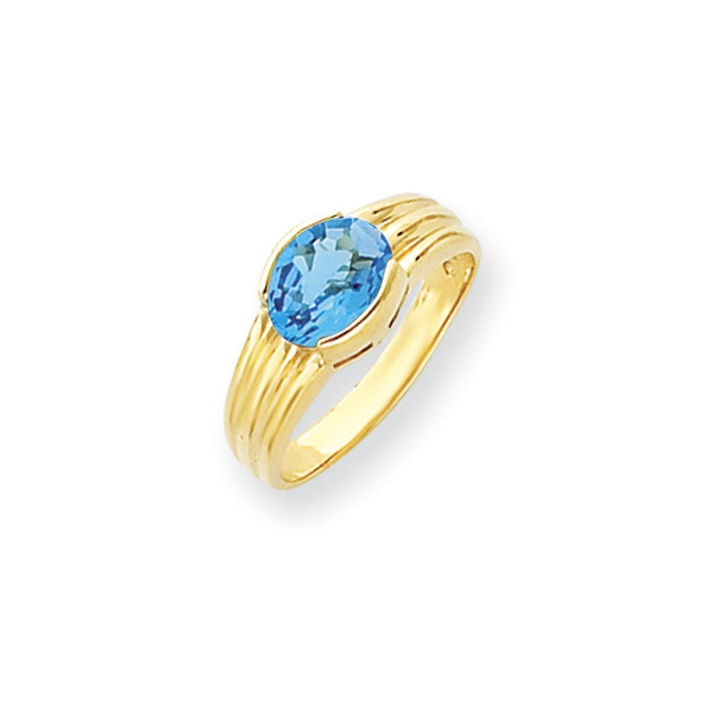 14K Gelbgold Ring mit 8x6mm ovalem Blautopas im Schachbrettschliff