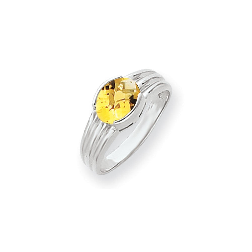 14K Weißgold Ring mit 8x6 mm ovalem Citrin im Schachbrettschliff