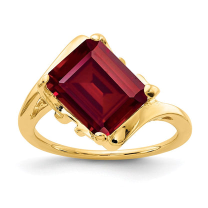 14K Gelbgold Ring mit 10x8mm Smaragdschliff und synthetischem Rubin