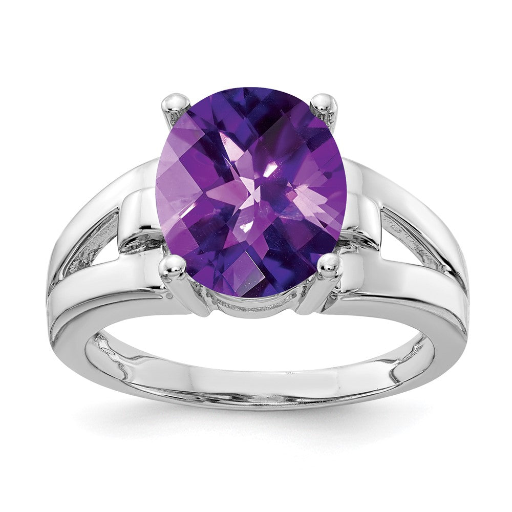 14K Weißgold Ring mit ovalem 11x9mm Amethyst im Schachbrettschliff