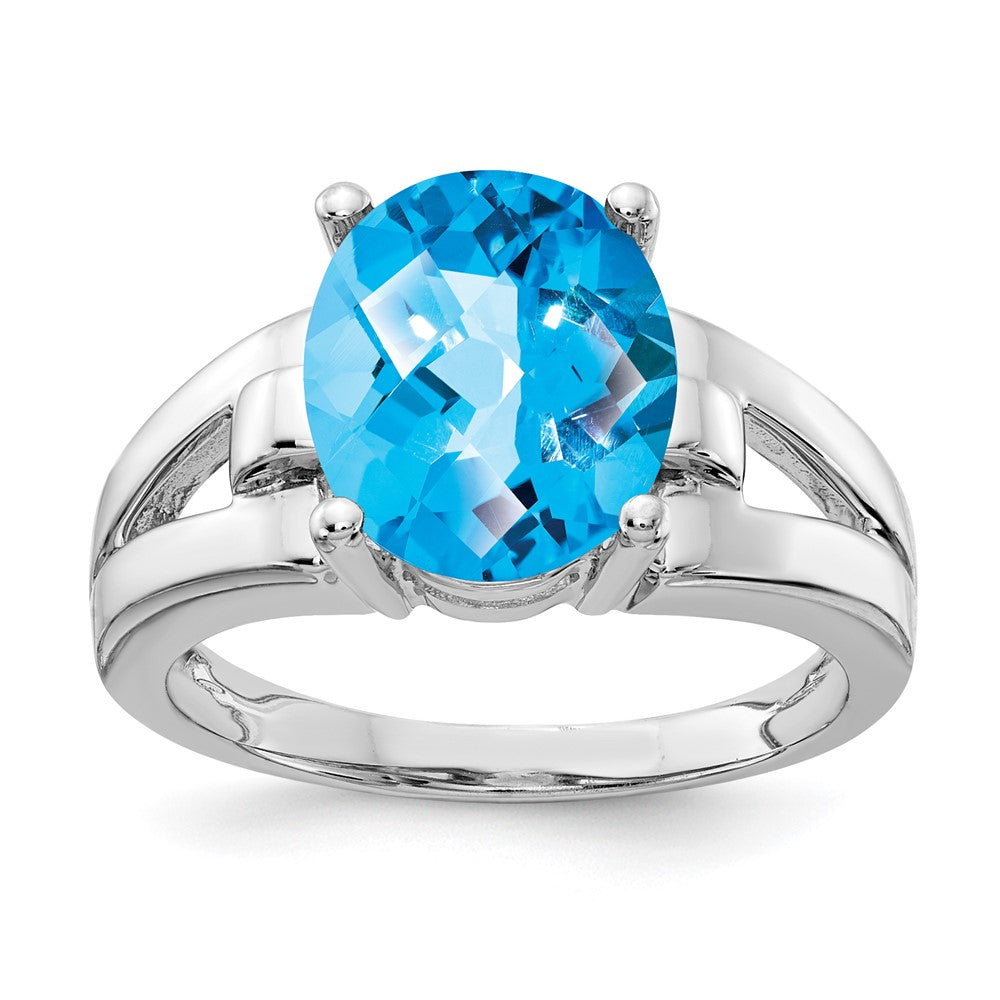 14K Weißgold Ring mit 11x9 mm ovalem Blautopas im Schachbrettschliff