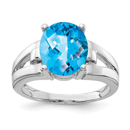 14K Weißgold Ring mit 11x9 mm ovalem Blautopas im Schachbrettschliff