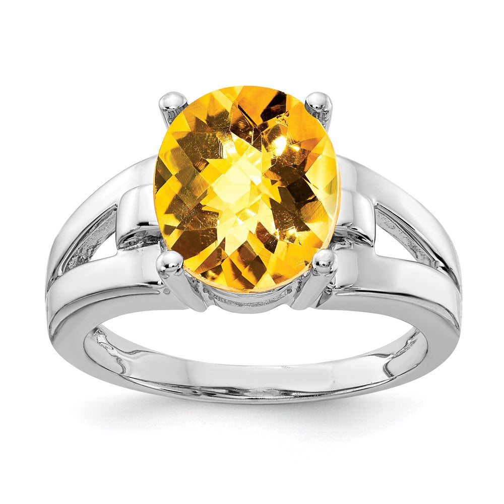 14K Weißgold Ring mit 11x9mm ovalem Citrin im Checker-Schliff