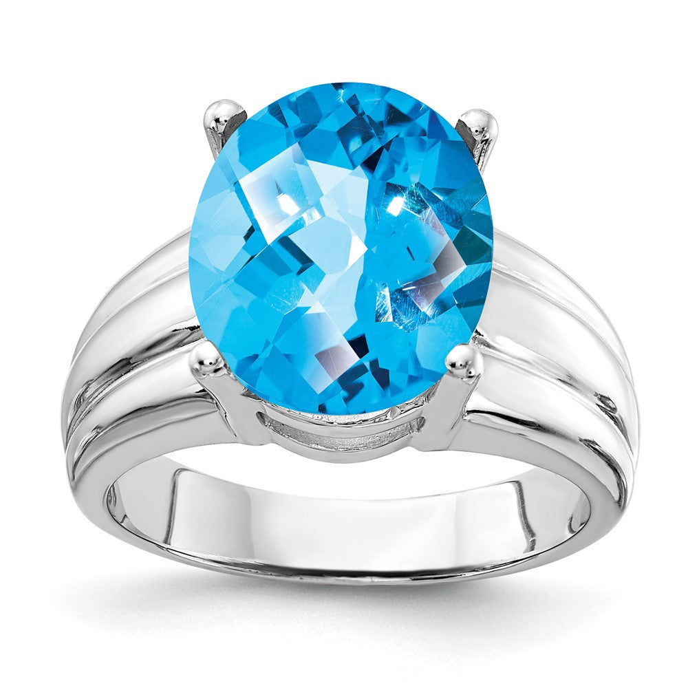 14K Weißgold Ring mit ovalem Blautopas im Schachbrettschliff, 12x10mm