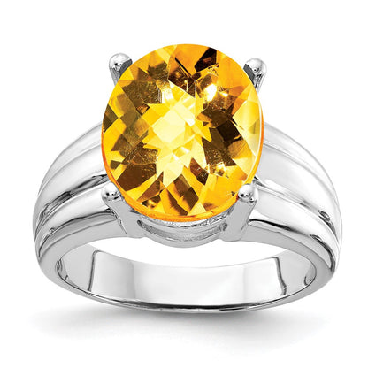 14K Weißgold Ring mit 12x10mm ovalem Citrin im Schachbrettschliff