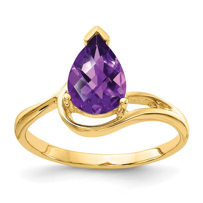 14K Gelbgold Ring mit 9x6mm birnenförmigem Checkerboard-Amethyst