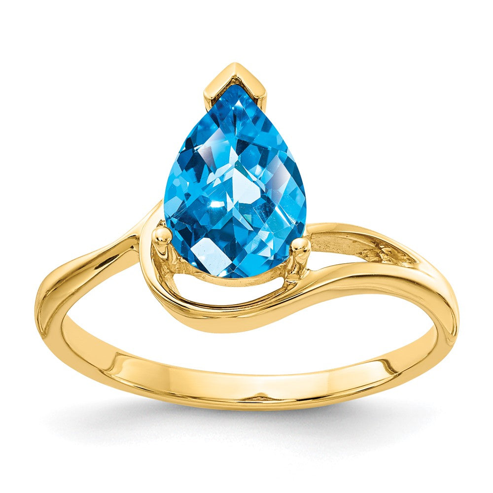14K Gelbgold Ring mit 9x6mm birnenförmigem Blautopas im Schachbrettschliff