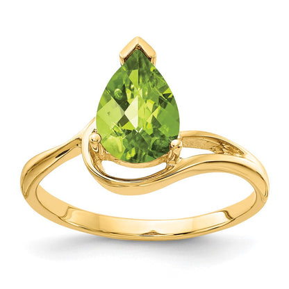 14K Gelbgold 9x6mm Birnenschliff Peridot Ring mit Schachbrettschliff