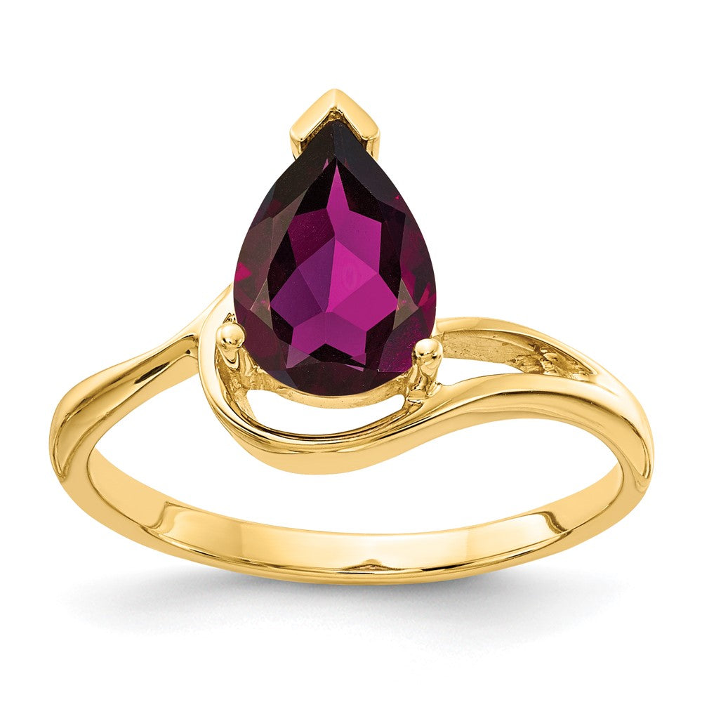 14K Gelbgold Ring mit 9x6mm birnenförmigem Rhodolith-Granat