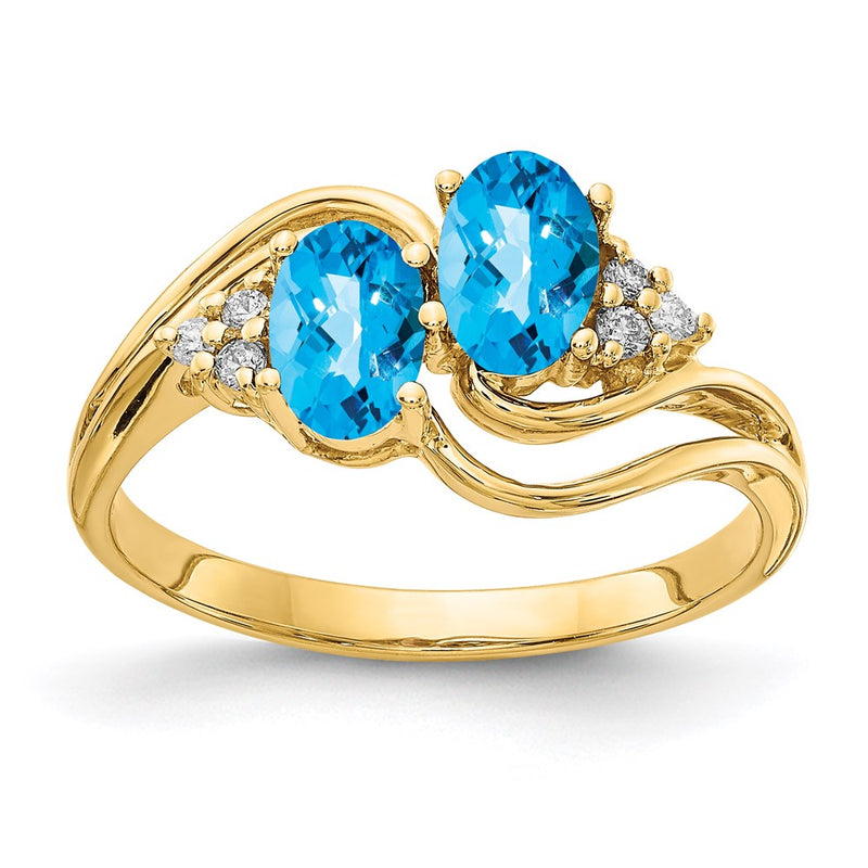 14K Gelbgold 6x4mm Oval Blautopas Karo A Echt Diamant Ring
