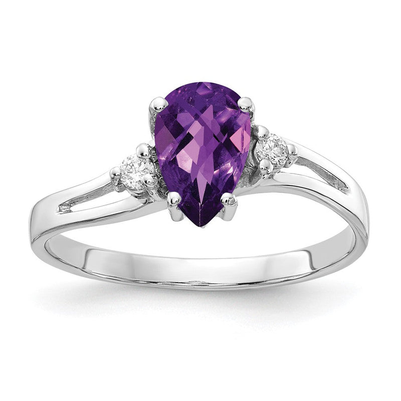 14K Weißgold 7x5mm Tropfen Amethyst Karo A Echt Diamant Ring