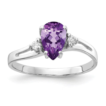 14K Weißgold 7x5mm Tropfen Amethyst A Echt Diamant Ring