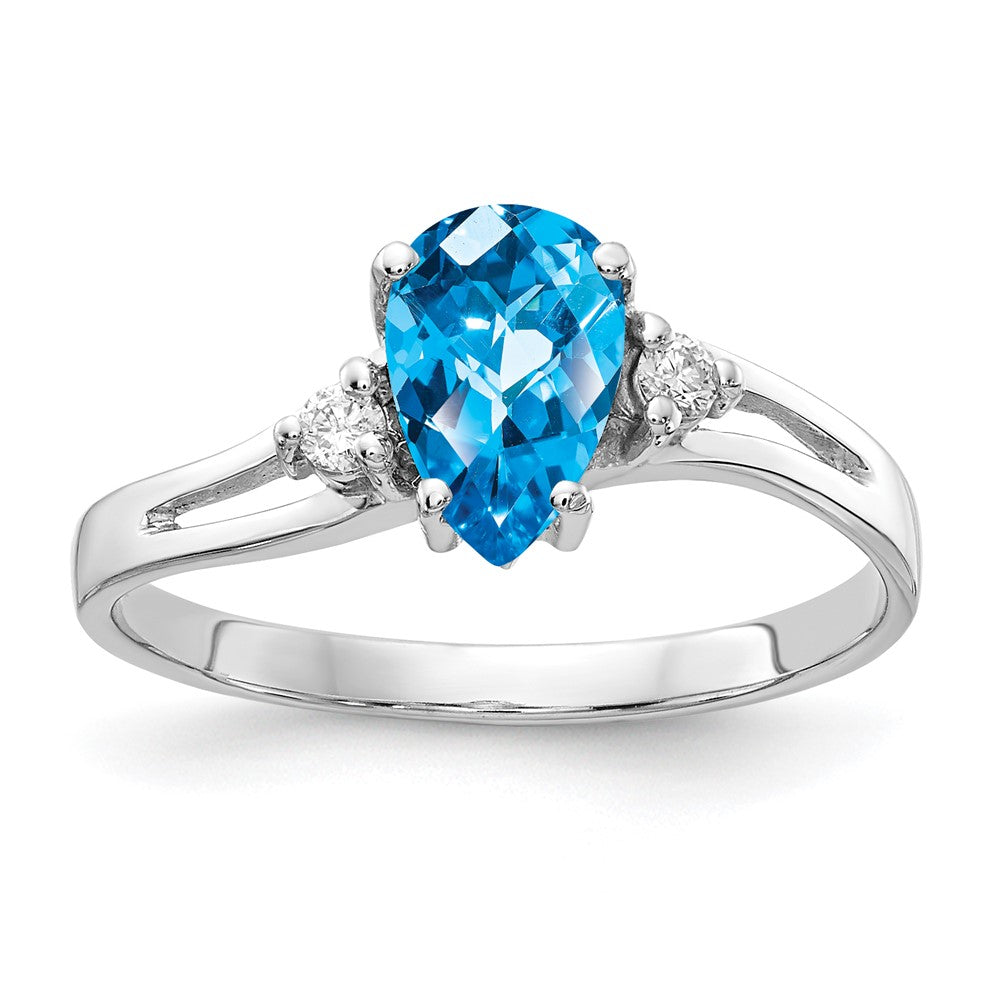 14K Weißgold 7x5mm Tropfen Blautopas Karo A Echt Diamant Ring