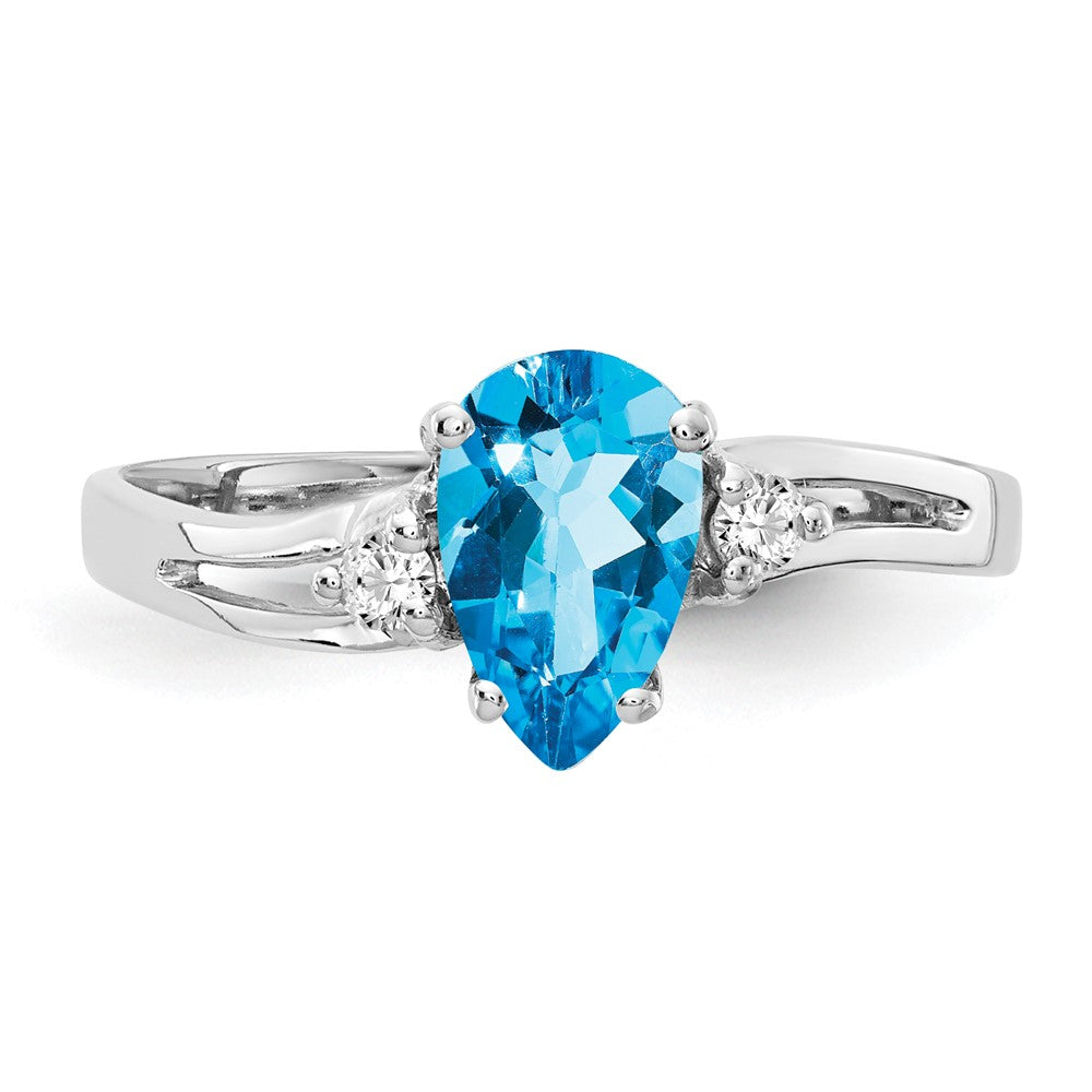 14K Weißgold 7x5mm Tropfen Blautopas Aa Diamant Ring