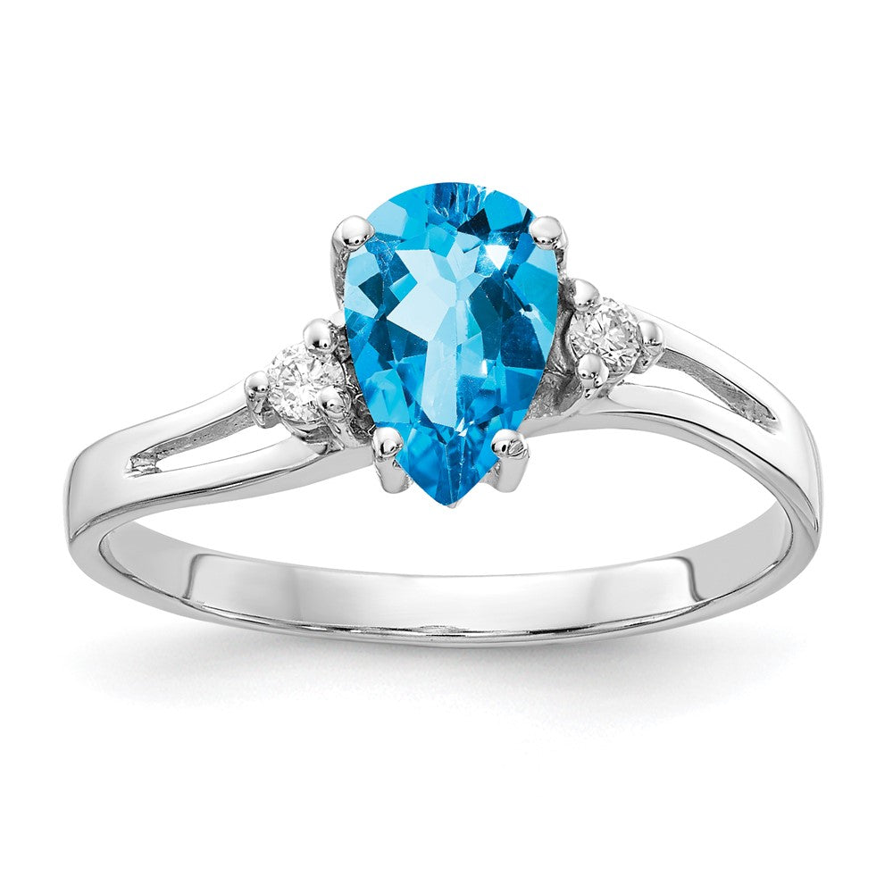 14K Weißgold 7x5mm Tropfen Blautopas A Echt Diamant Ring