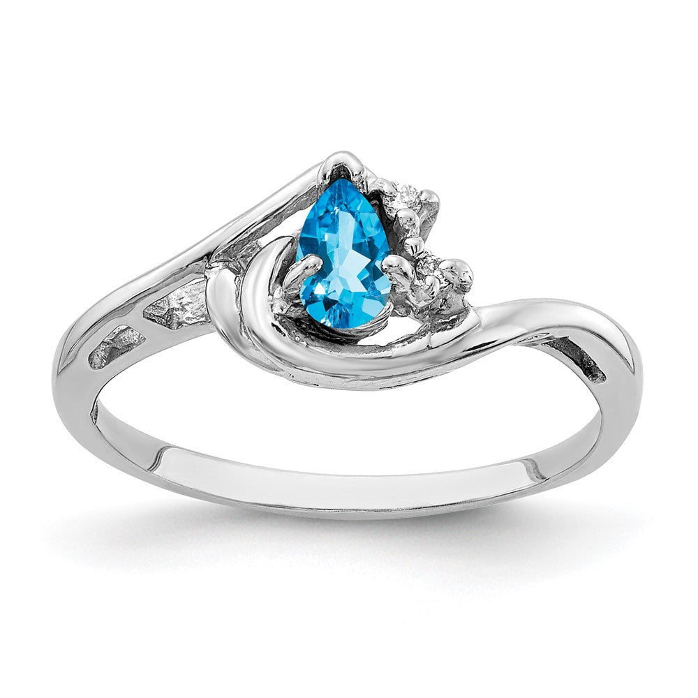 14K Weißgold 5x3mm Tropfen Blautopas A Echt Diamant Ring