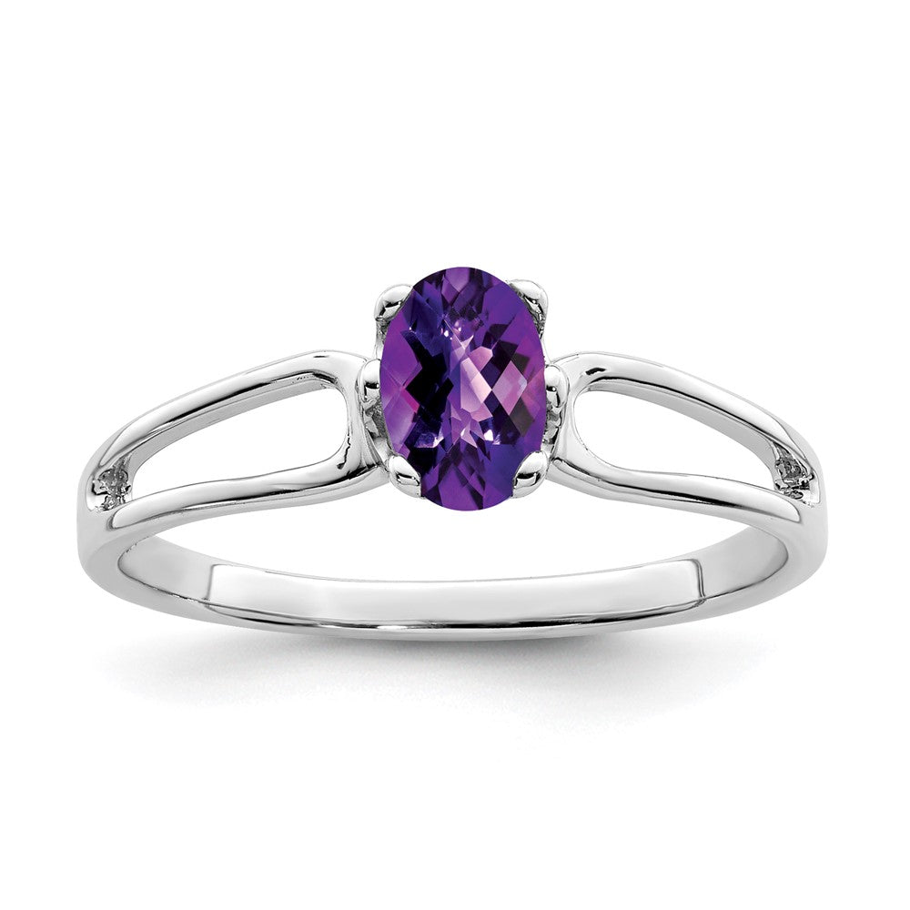 14K Weißgold Ring mit 6x4mm ovalem Amethyst im Schachbrettschliff
