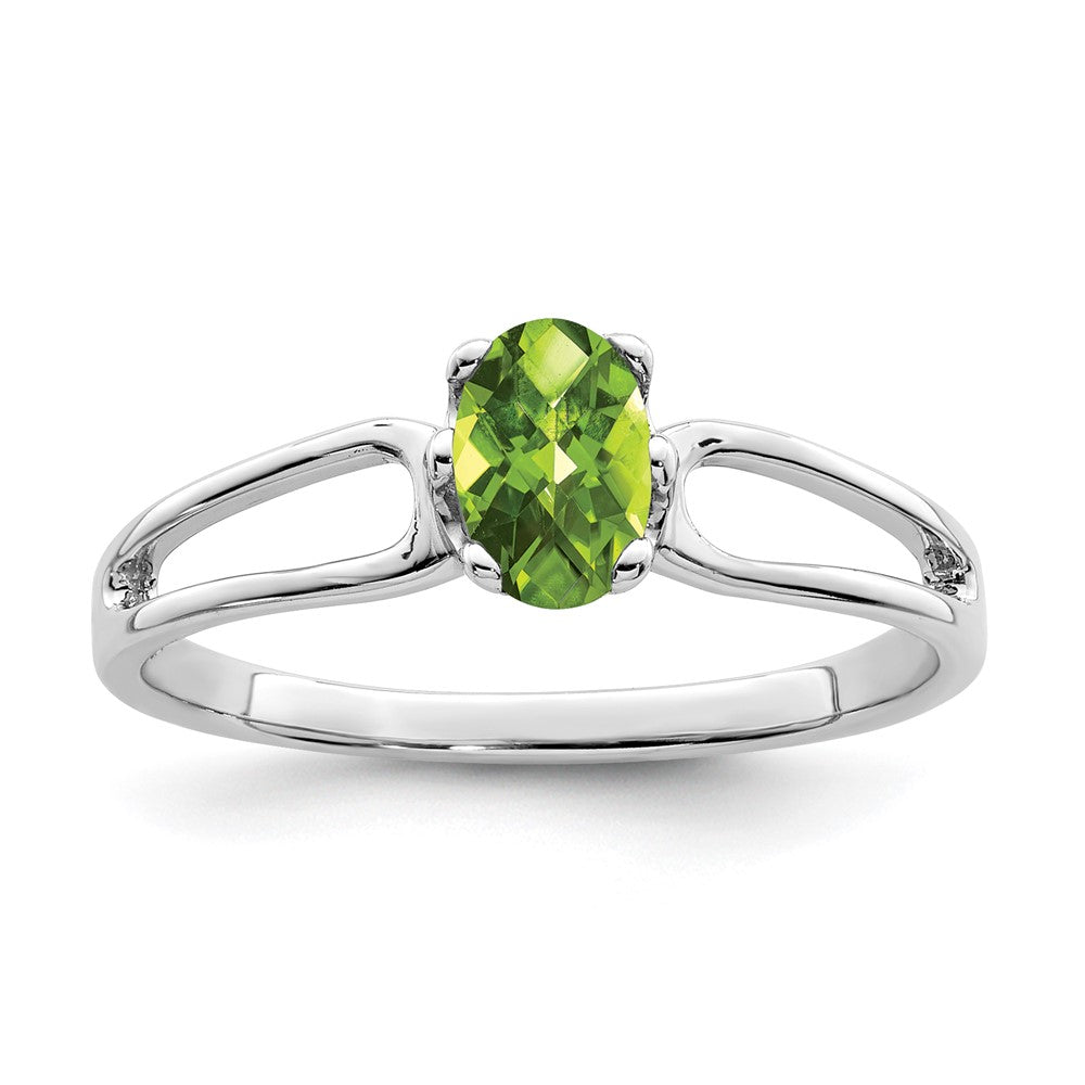 14K Weißgold Ring mit 6x4mm ovalem Peridot im Karo-Schliff