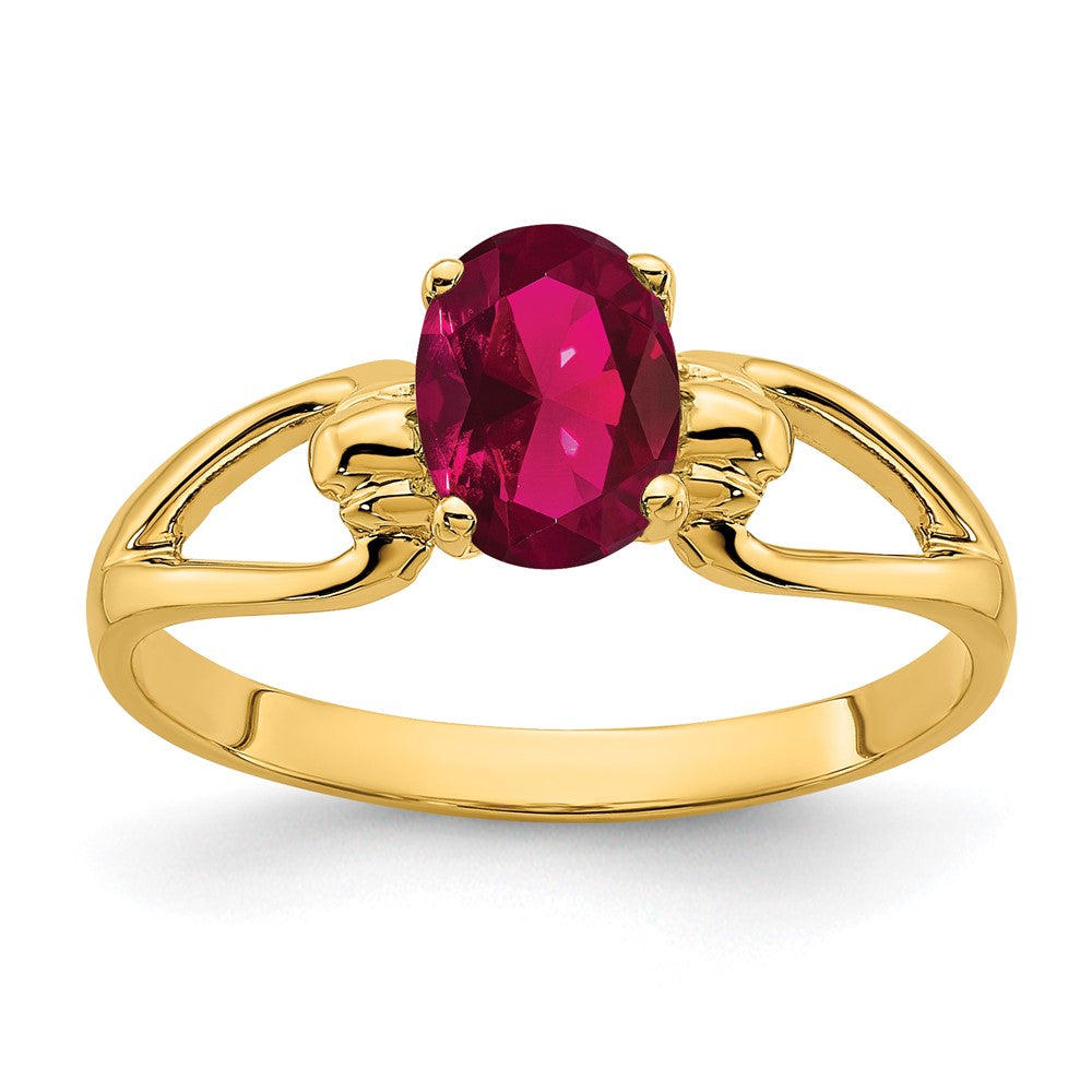 14K Gelbgold Ring mit ovalem synthetischem Rubin, 7x5mm