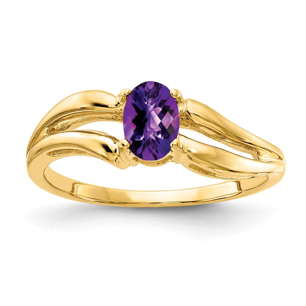 14K Gelbgold Ring mit ovalem 6x4 mm Amethyst im Schachbrettschliff