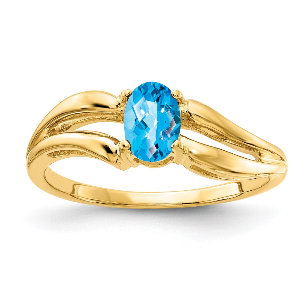 14K Gelbgold Ring mit 6x4mm ovalem Blautopas im Schachbrettschliff