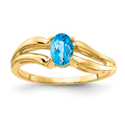 14K Gelbgold Ring mit 6x4mm ovalem Blautopas im Schachbrettschliff
