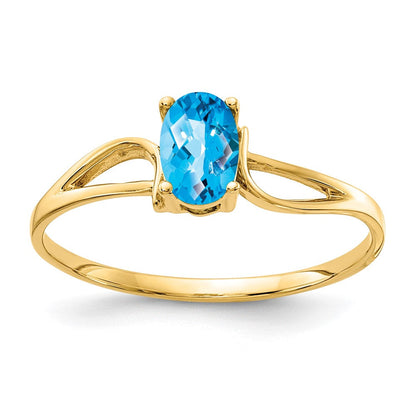 14K Gelbgold Ring mit 6x4mm ovalem Blautopas im Schachbrettschliff