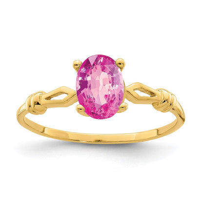14K Gelbgold Ring mit ovalem rosa Saphir, 7x5 mm