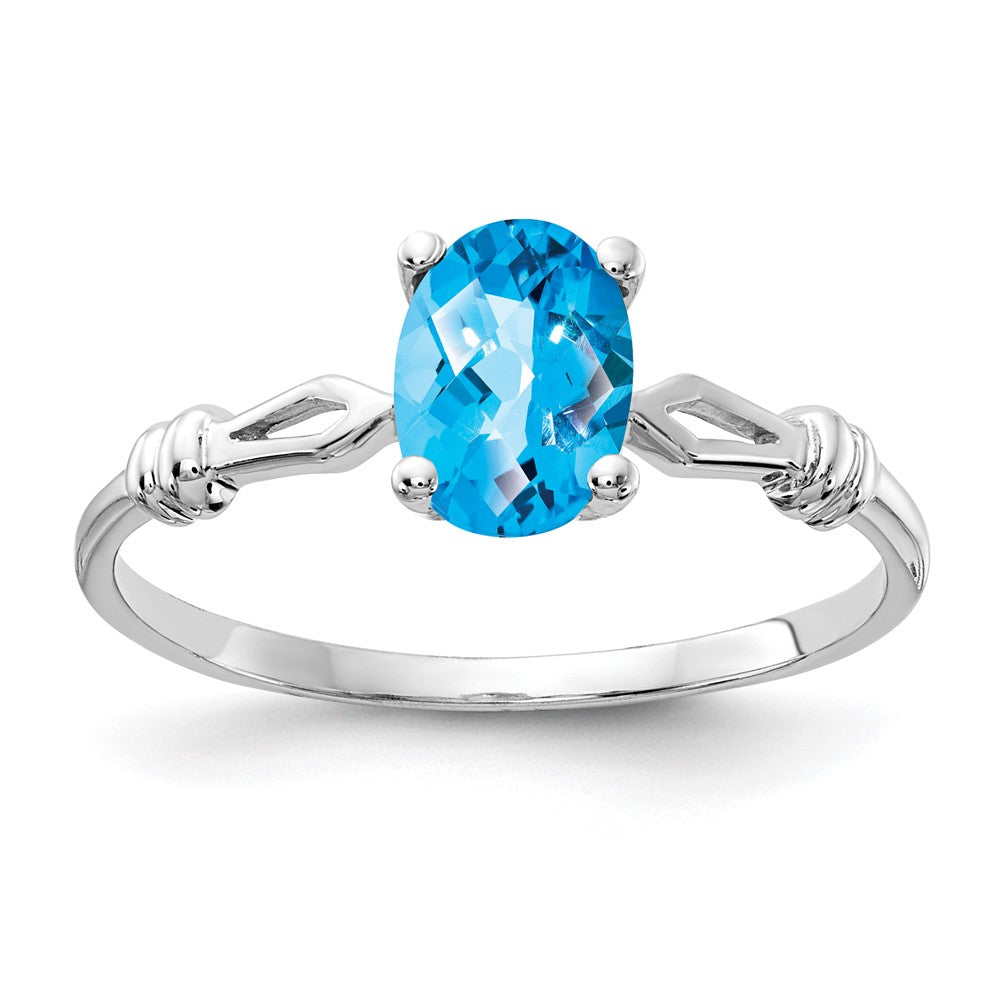 14K Weißgold Ring mit ovalem Blautopas im Schachbrettschliff, 7x5mm