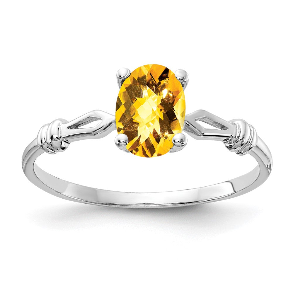 14K Weißgold Ring mit 7x5 mm ovalem Citrin im Schachbrettschliff