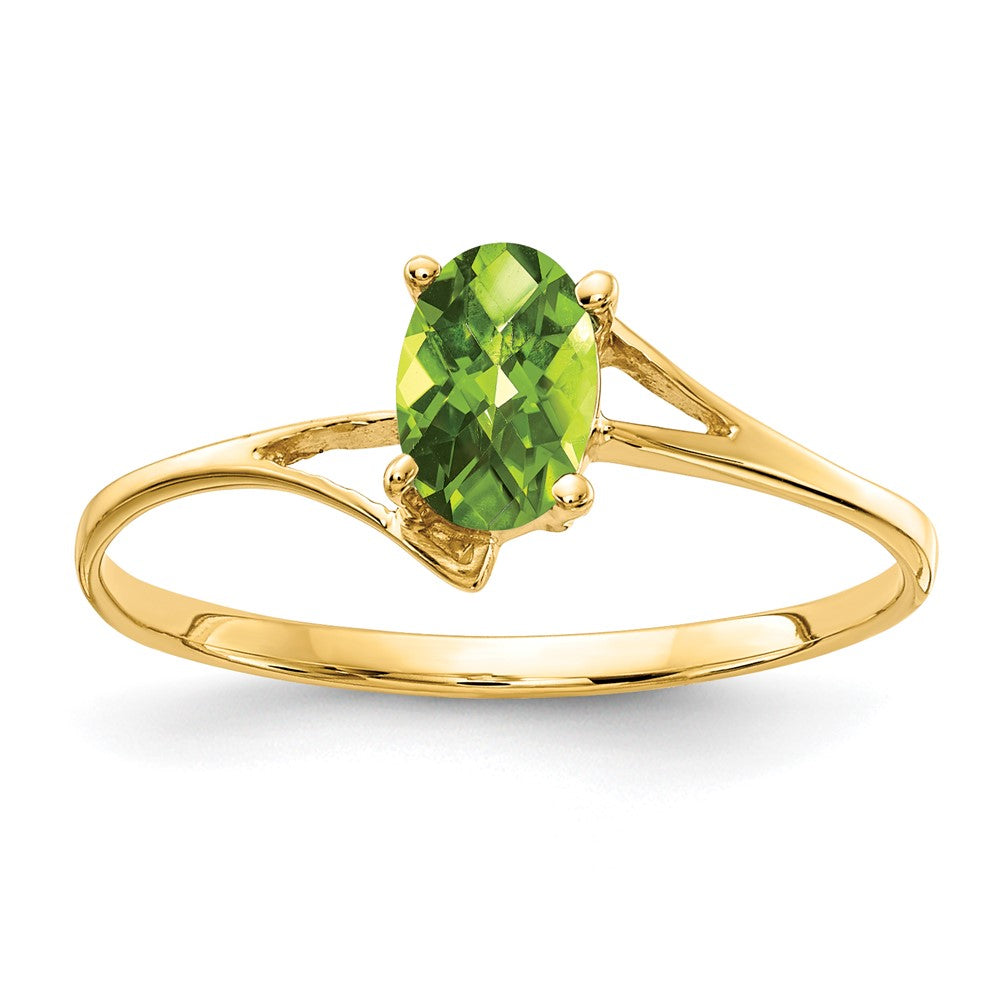 14K Gelbgold ovaler Peridot-Ring mit Schachbrettschliff, 6x4 mm