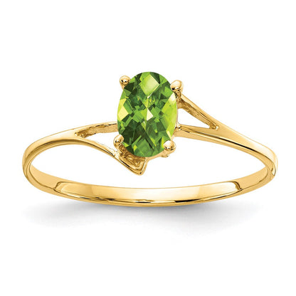 14K Gelbgold ovaler Peridot-Ring mit Schachbrettschliff, 6x4 mm