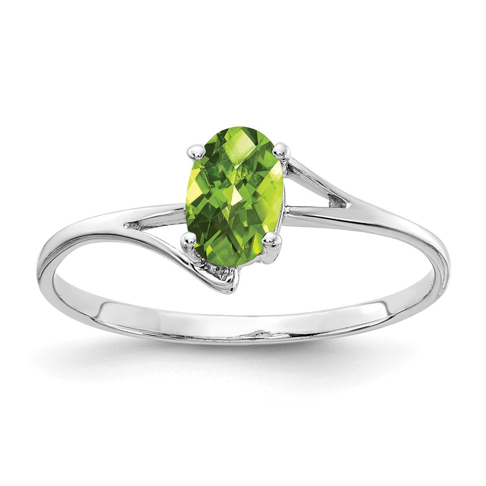 14K Weißgold Ring mit 6x4mm ovalem Peridot im Schachbrettschliff