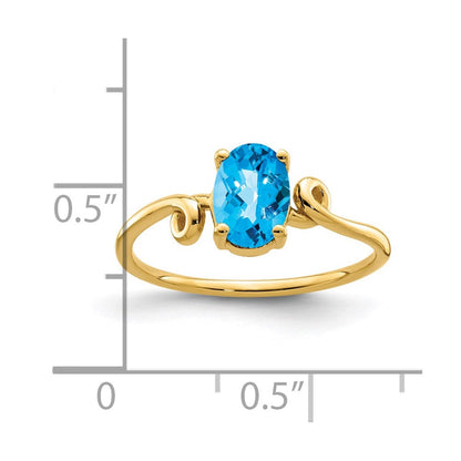 14K Gelbgold Ring mit 7x5mm ovalem Blautopas im Schachbrettschliff