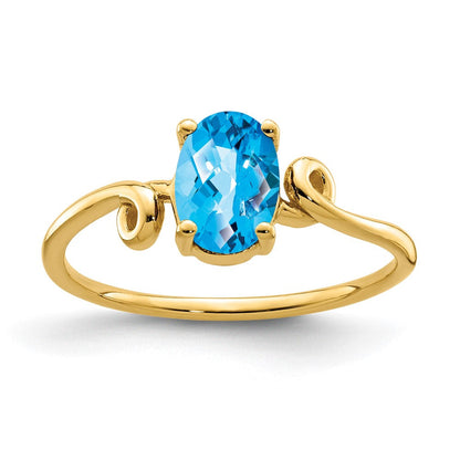 14K Gelbgold Ring mit 7x5mm ovalem Blautopas im Schachbrettschliff