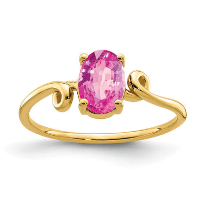 14K Gelbgold Ring mit ovalem rosa Saphir, 7x5mm