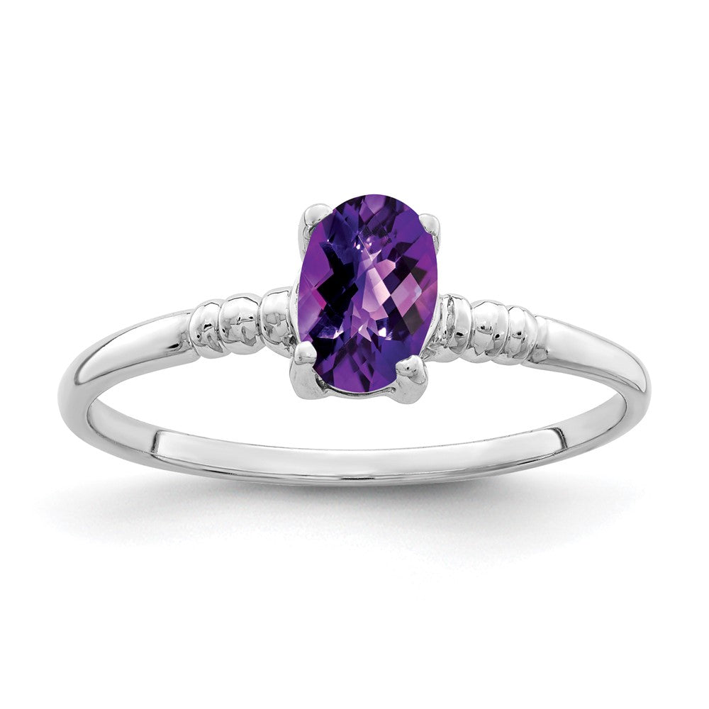 14K Weißgold Ring mit ovalem 6x4mm Amethyst im Schachbrettschliff