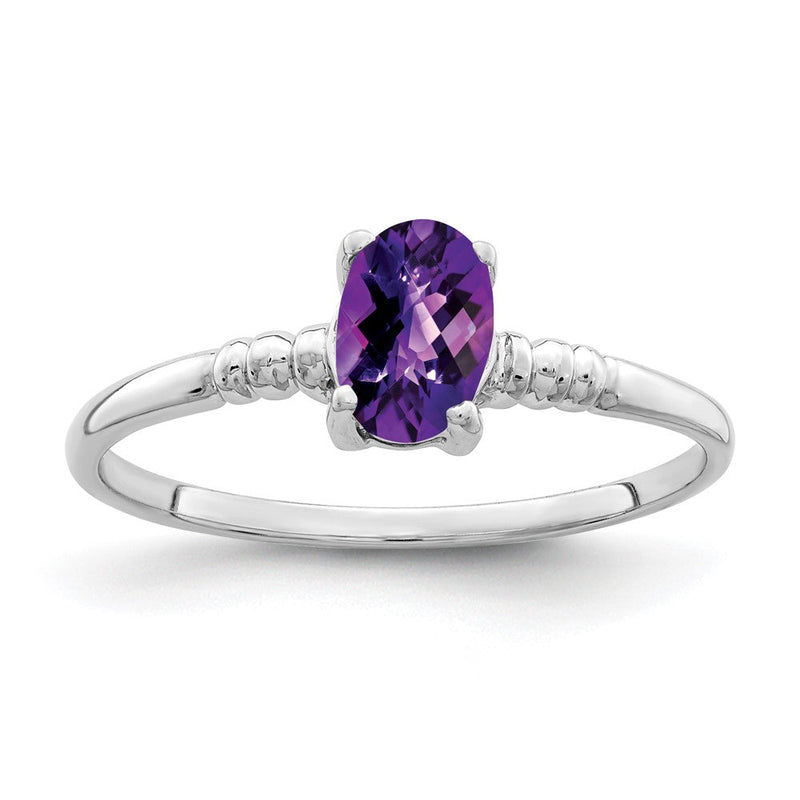 14K Weißgold Ring mit ovalem 6x4mm Amethyst im Schachbrettschliff