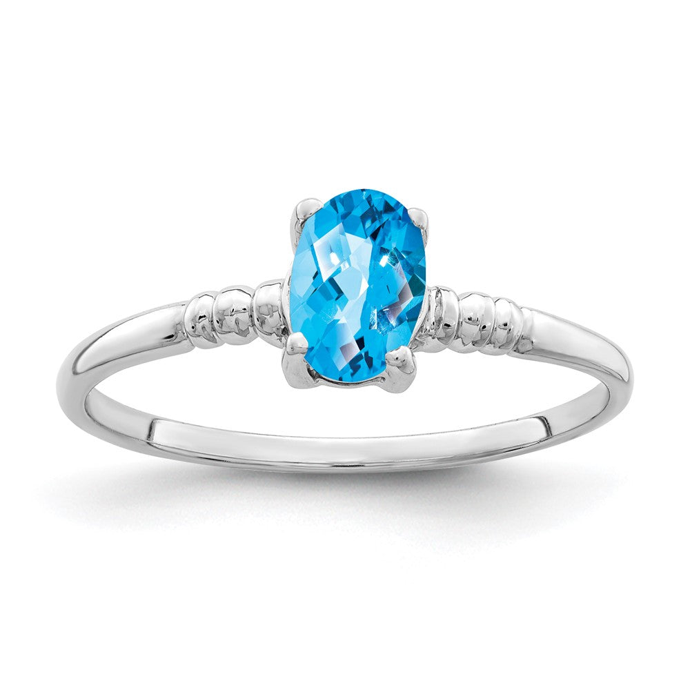 14K Weißgold Ring mit ovalem Blautopas im Schachbrettschliff, 6x4 mm