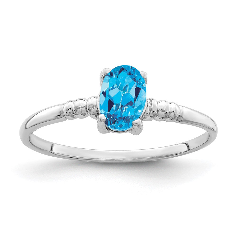 14K Weißgold Ring mit ovalem blauem Topas, 6 x 4 mm